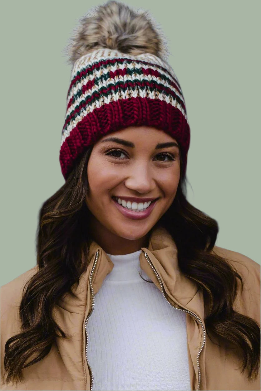 Beanie winter hat green & red stripe fashion Yaomiao 6 Pcs Christmas Hat Christmas Beanie Pom Pom Cuff  main image 3