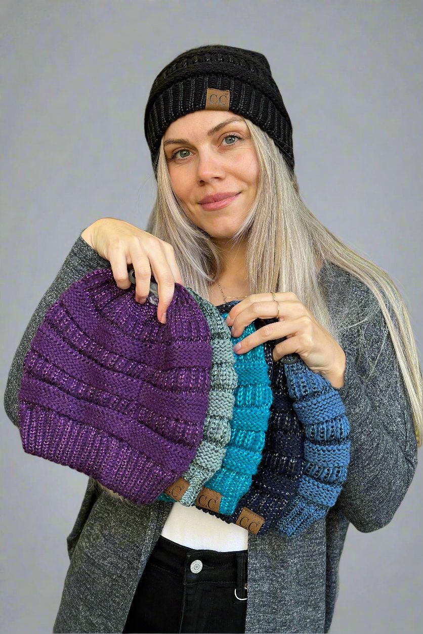 Metallic Knit Beanie Winter Hat Warm Shiny Sparkle CC  display picture 3
