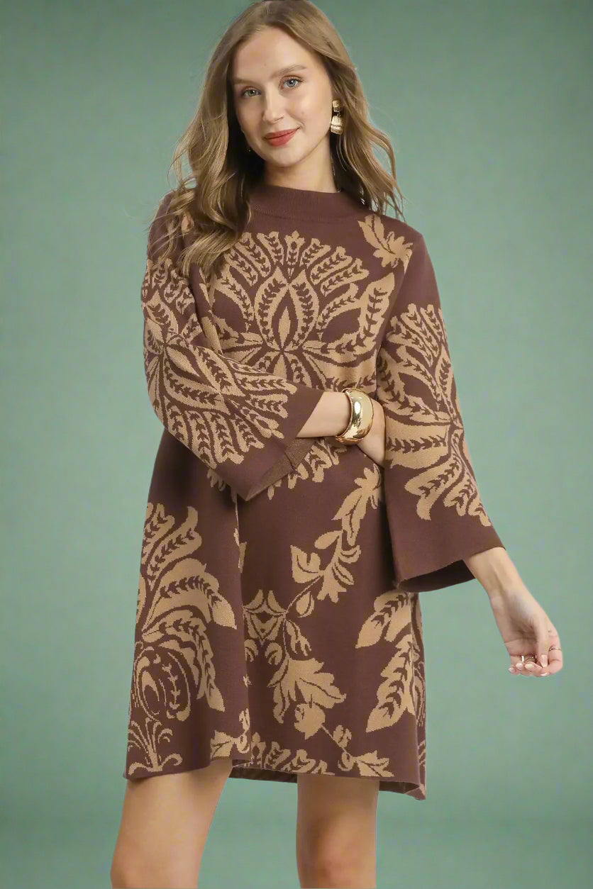 Two Tone Abstract Sweater Dress Brown