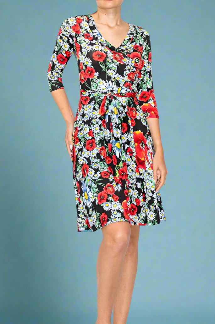 Faux Wrap Dress Black Floral Wedding Guest Look Vibrant Color