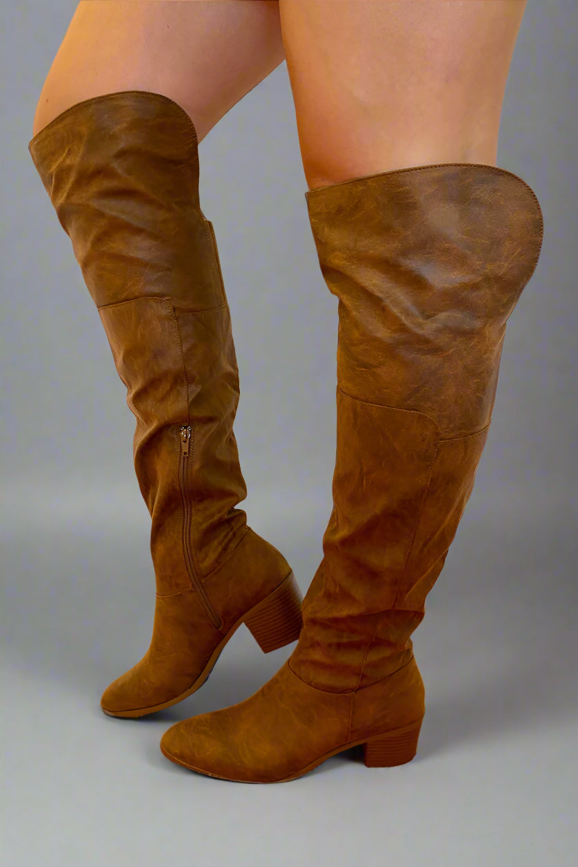 Topanga Knee High Boots Cognac Over The Knee Comfy Qupid Heel