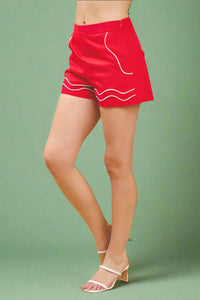 Piped Side Zipper Shorts - Red