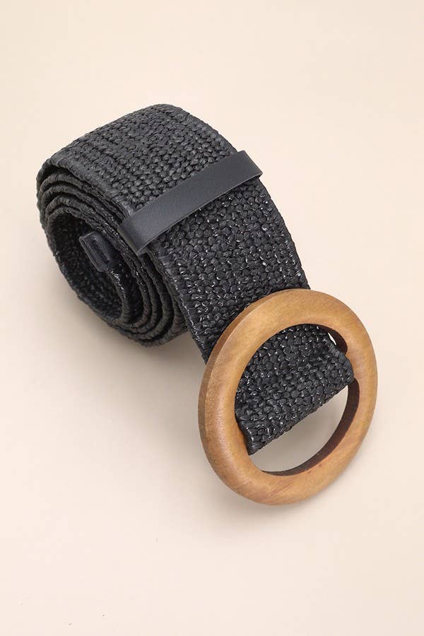 Wooden Buckle Rattan Stretch Belt Black