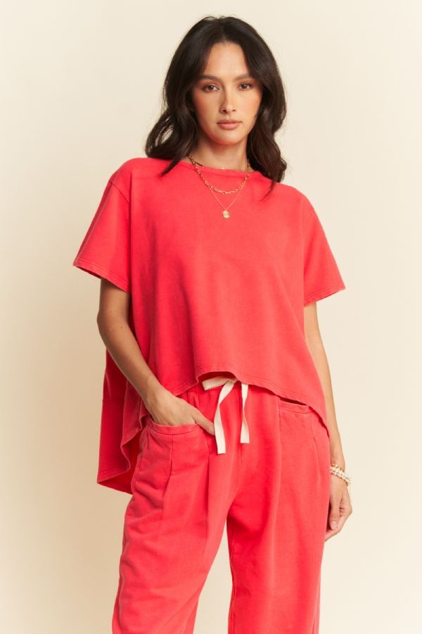 Garment Washed Wide Leg Pant - Red