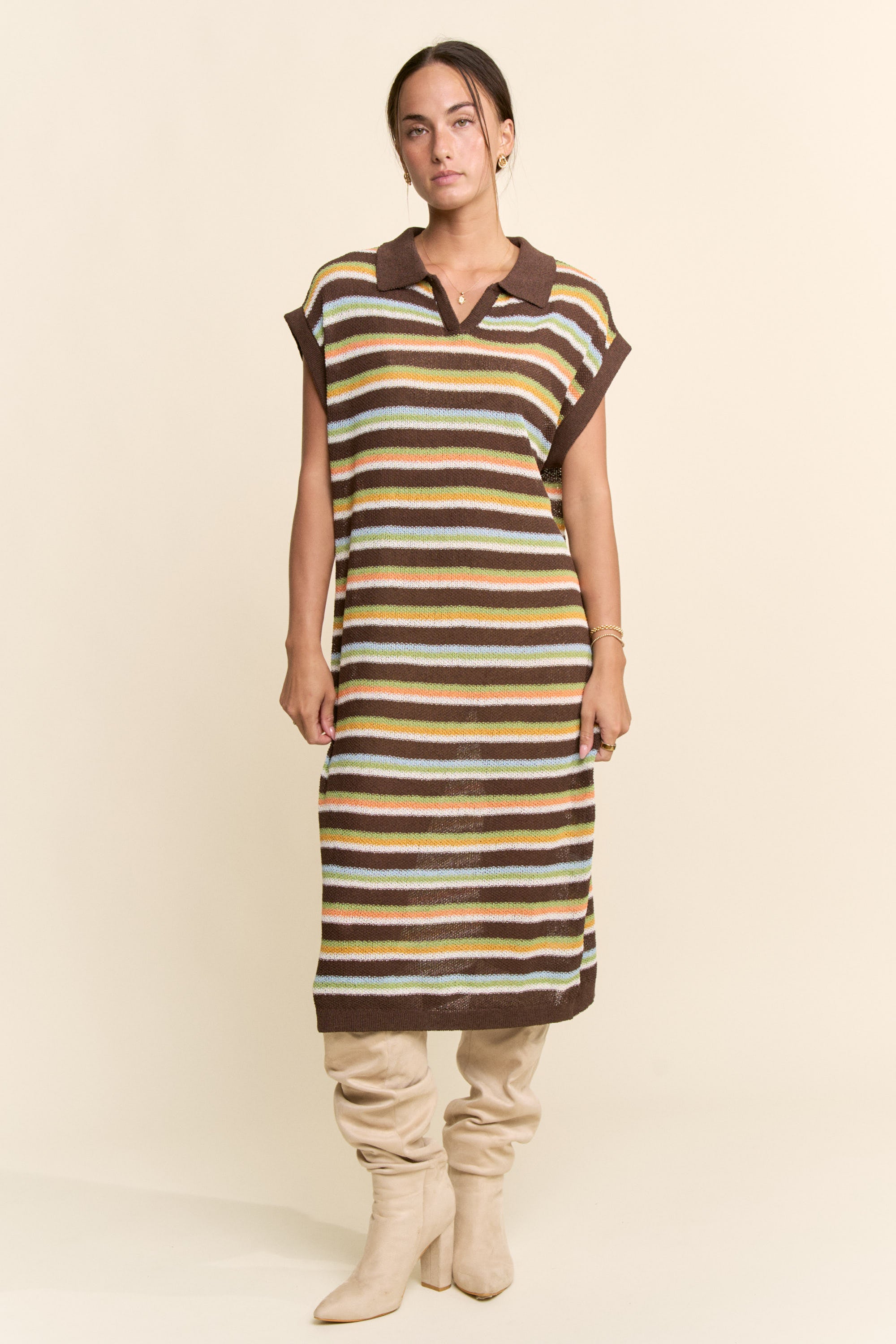 Striped Knit Polo Dress - Brown