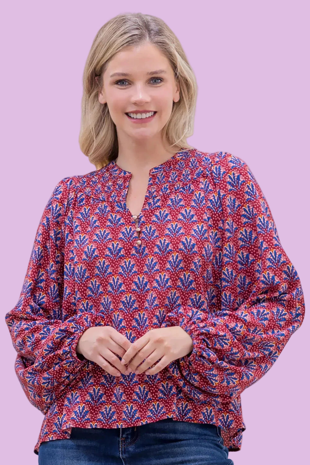 Smocking Shoulder Blouse - Burgundy