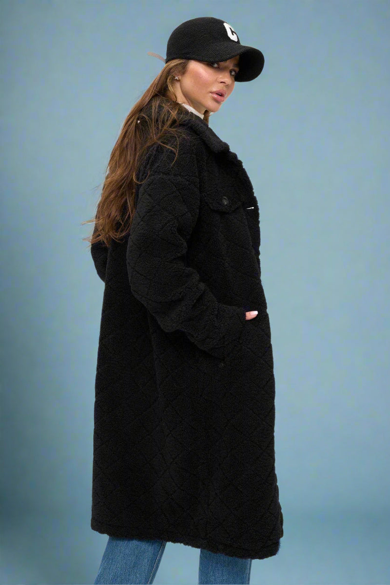 Diamond Sherpa Duster Coat - Black