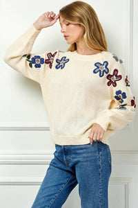 Sweater With Floral Sleeve Embroidery