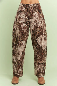 Boho Floral Jacquard Barrel Pants - Brown