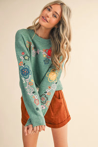 Floral Embroidery Sweater - Green