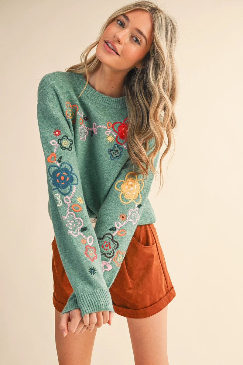 Floral Embroidery Sweater - Green