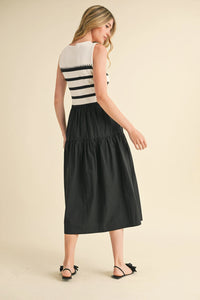 Mixed Media Striped Midi Dress - Black