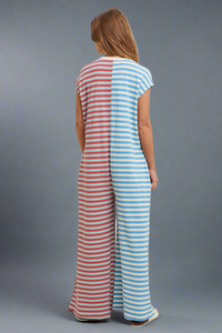 Short Sleeve Striped Jumpsuit - Sky