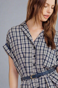 Woven Plaid Midi Dress - Navy