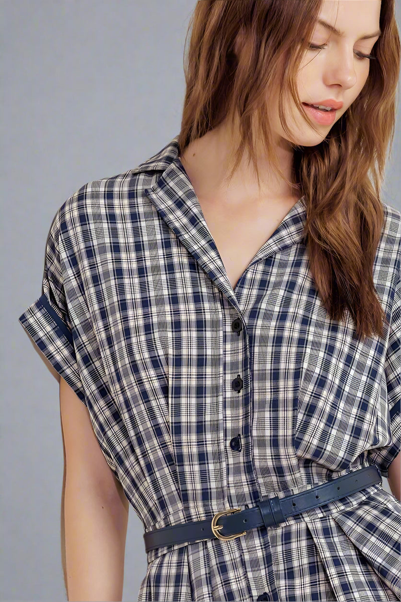 Woven Plaid Midi Dress - Navy