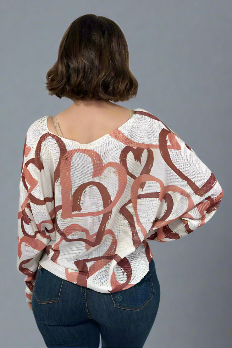 Beige Heart Printed Knitted Sweater