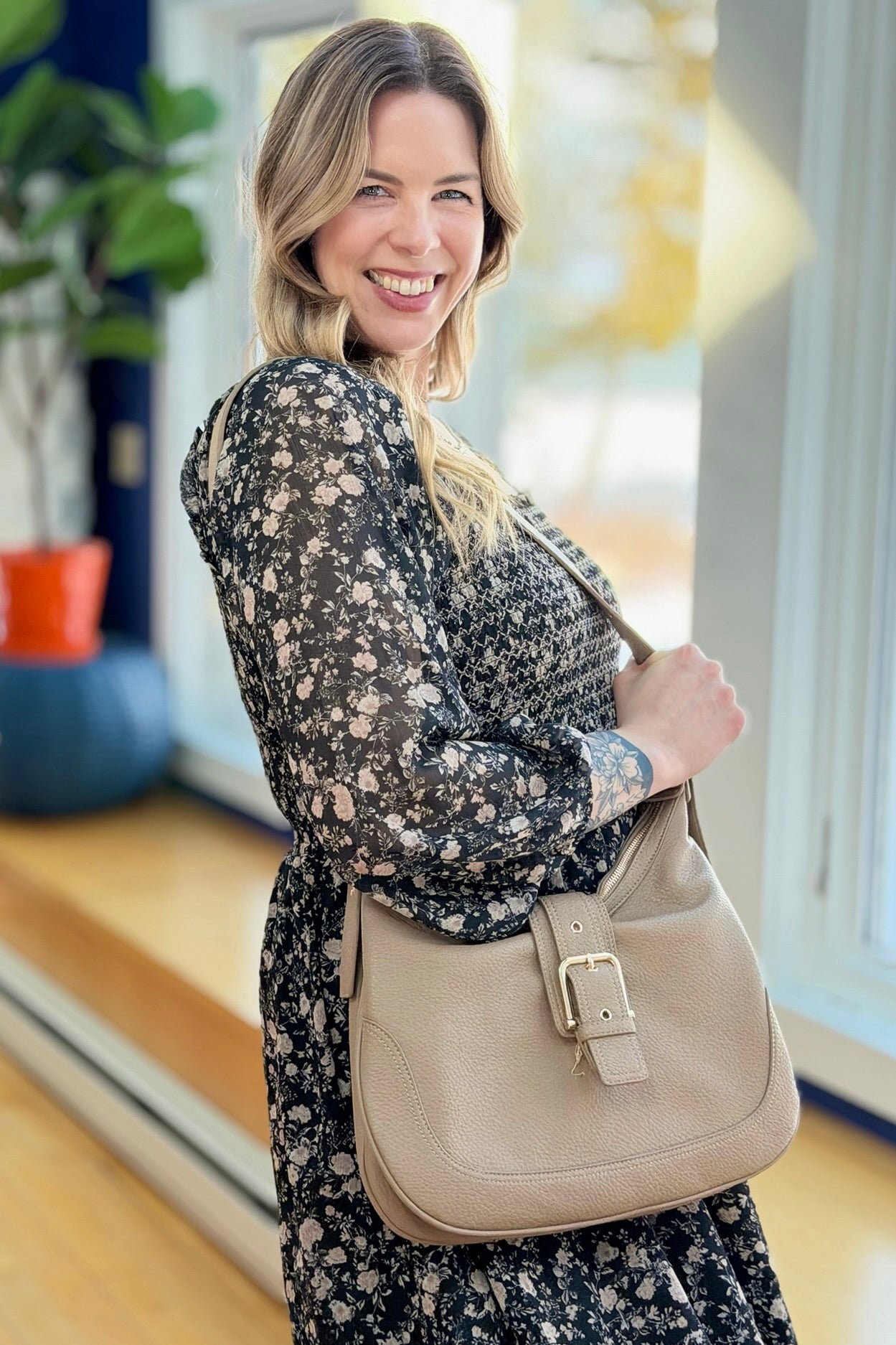 Marissa Buckle Shoulder Hobo Bag - Stone