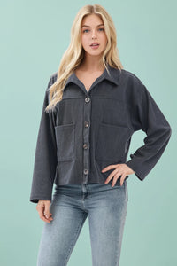 Corduroy Button-Up Boxy Jacket - Black