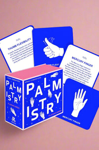 Box of 50 cards to learn how to read palms. Royal blue box with pink details.