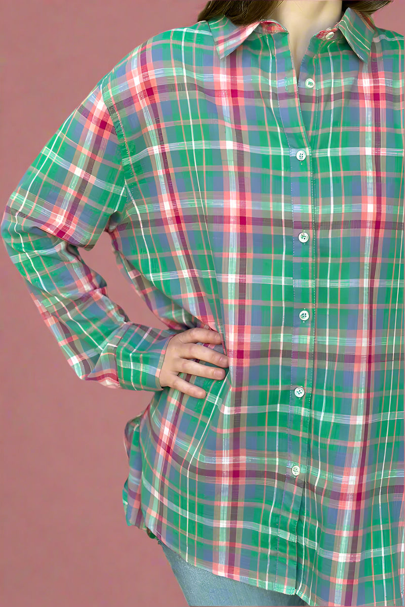 Loose Fit Button Down Plaid Shirt Green