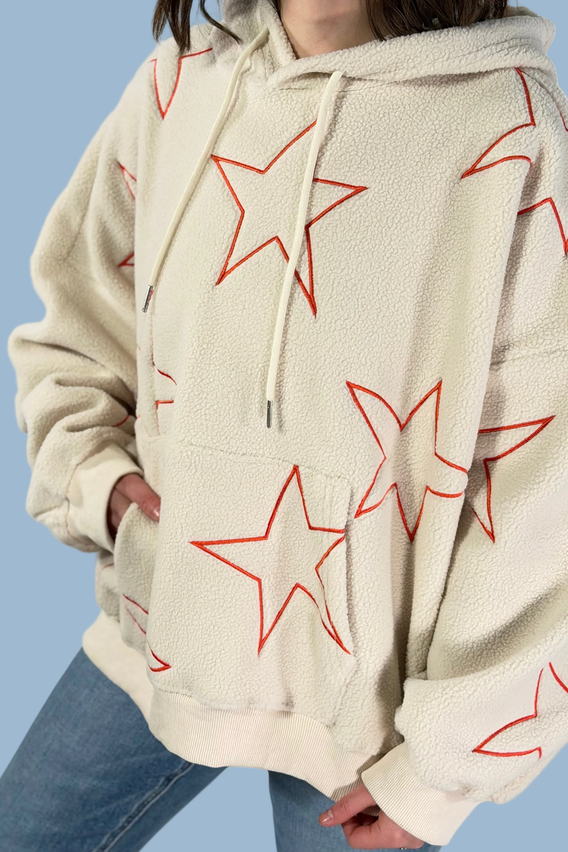 Star Embroidery Pullover Hoodie - Ivory