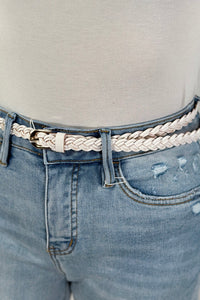 Faux Leather Skinny Braided Belt - White