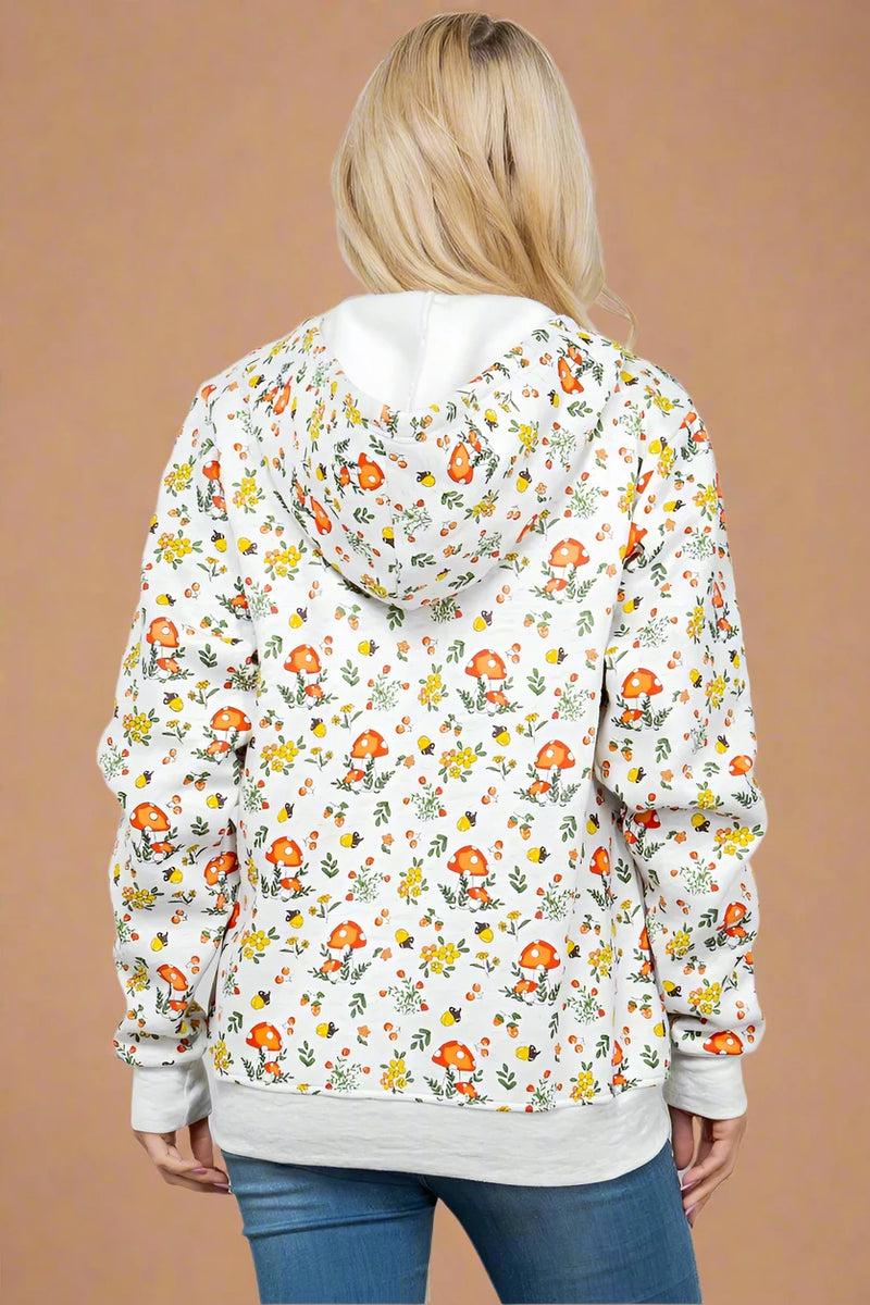 Floral & Mushroom Zipper Hoodie - Grey