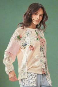 Lace Floral Mix Fabric Top - Beige