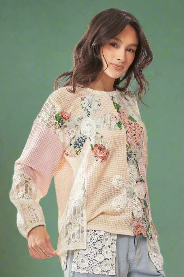 Lace Floral Mix Fabric Top - Beige