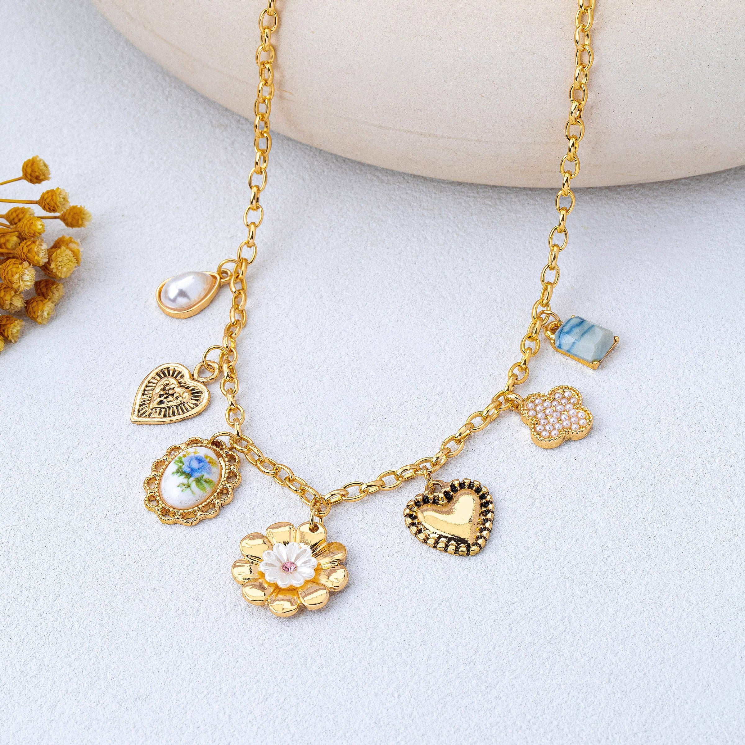 Vintage Heart Porcelain Charm Necklace