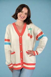 Oversized Cherry Varsity Cardigan - Cream
