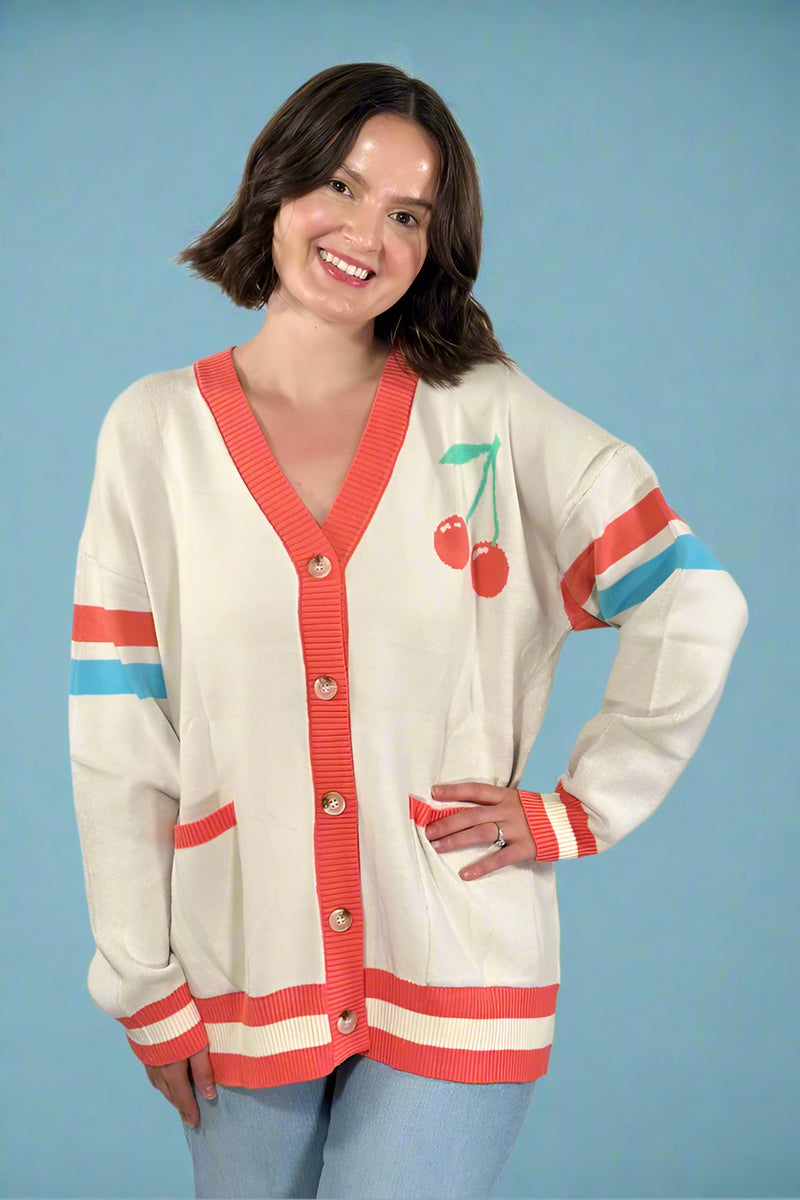 Oversized Cherry Varsity Cardigan - Cream