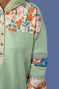 Lace Floral Patchwork Hoodie - Aqua