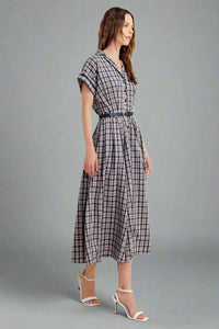 Woven Plaid Midi Dress - Navy