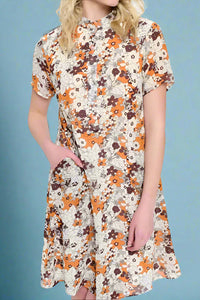 Floral Print Dress With Pockets - Brown