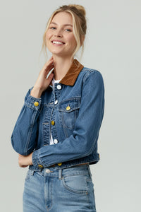 Corduroy Collar Button Down Denim Jacket