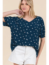 Floral Print V-Neck Blouse - Navy