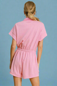 Striped Half Zip Romper - Pink