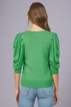 Puff Sleeve V Neck Sweater - Green