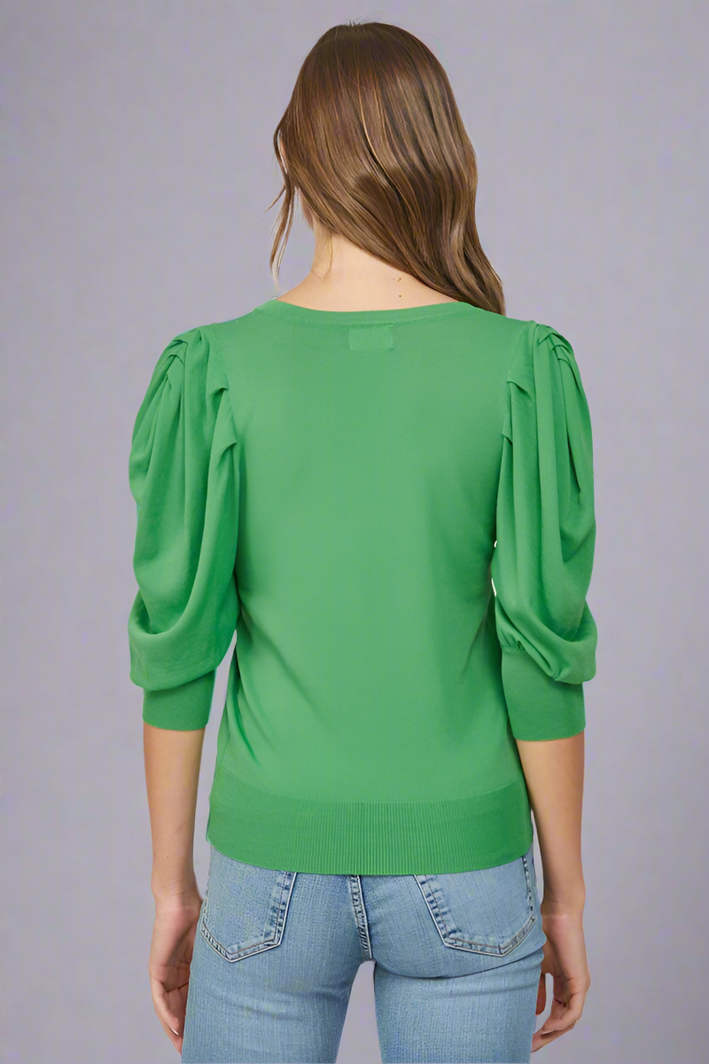 Puff Sleeve V Neck Sweater - Green