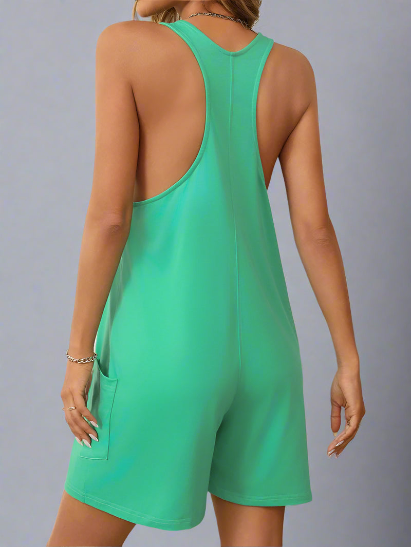Solid Halter Neck Romper - Green