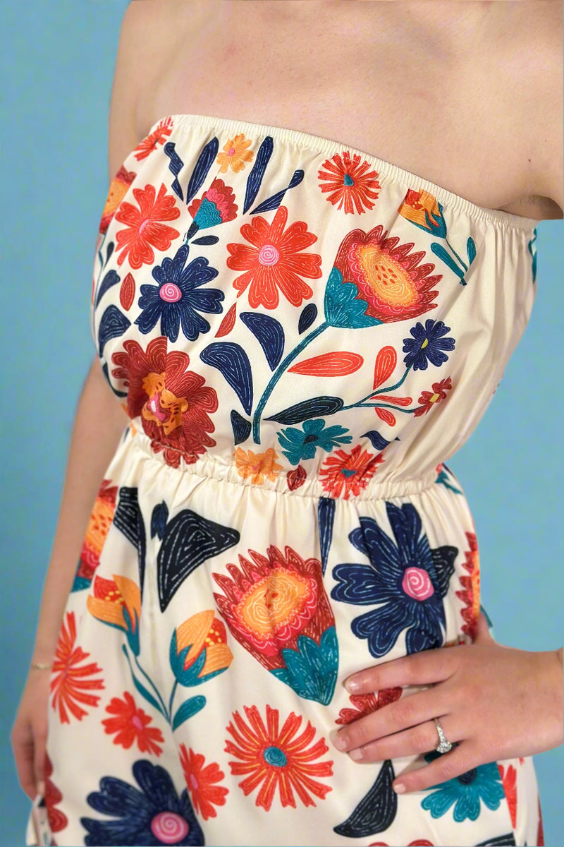Vibrant Boho Floral Strapless Romper