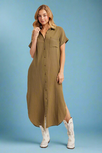 Button Up Maxi Shirt Dress - Olive