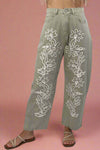 Floral Embroidered Barrel Pants - Sage