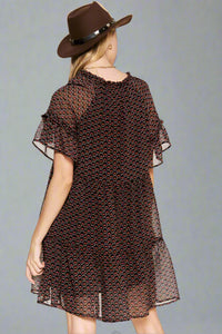 Floral Print V-Neck Mini Dress - Black