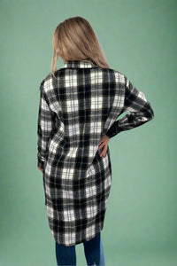 Black, White & Olive Plaid Long Flannel