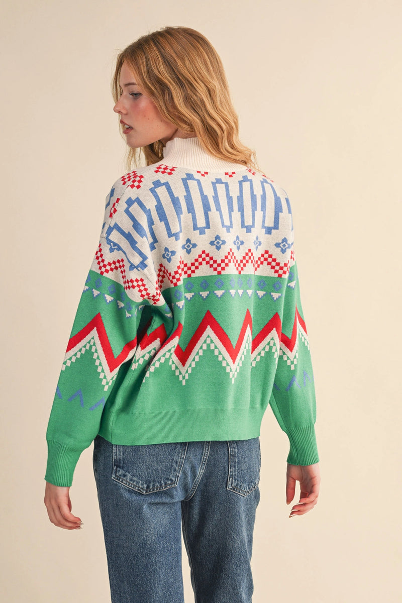Mock Neck Half Zip Sweater - Bright Green