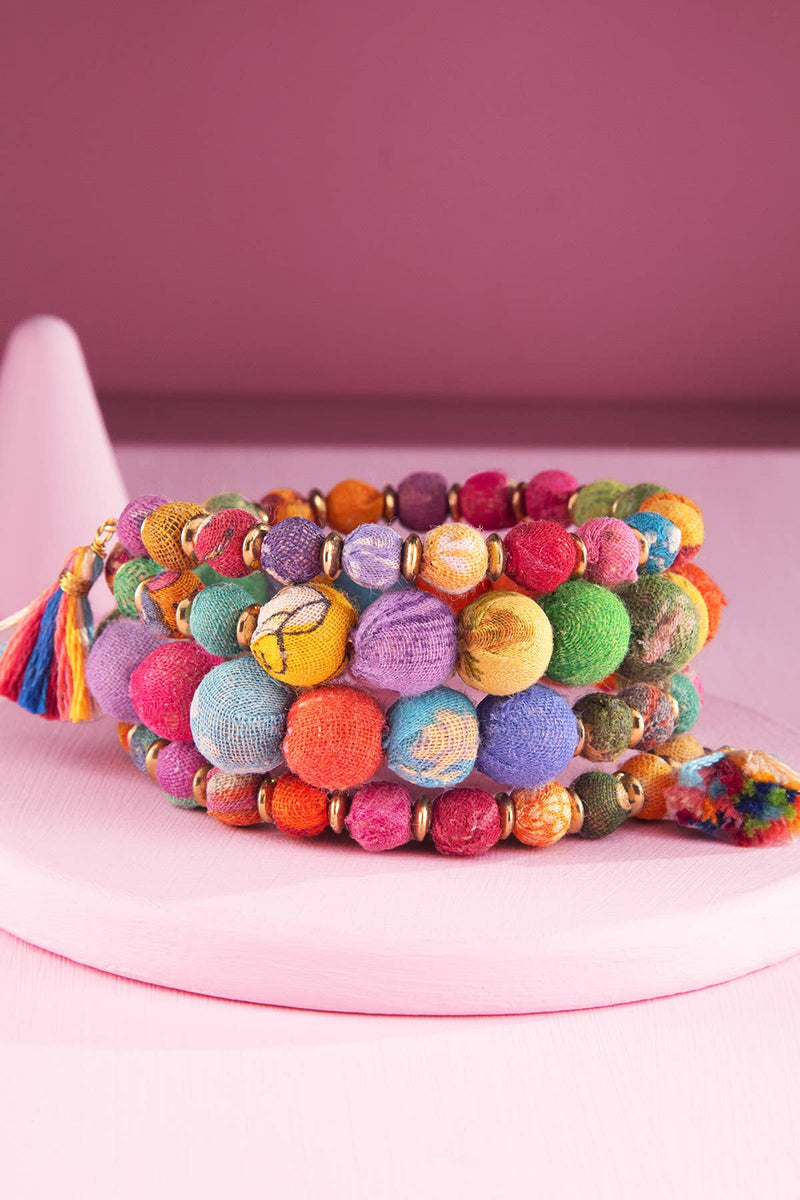 Handmade Beaded Coil Bracelet with Tassels - Multi