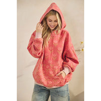 Floral Printed Fleece Hoodie - Coral