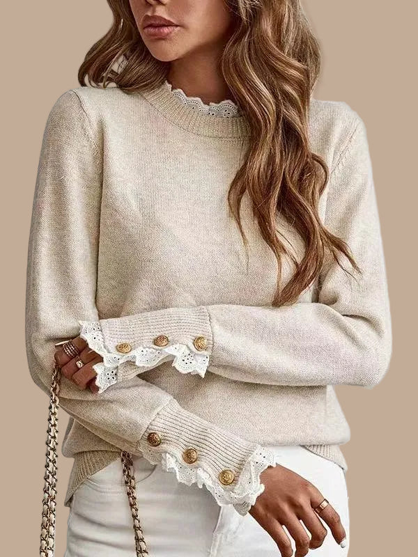 Lace Trim Knit Sweater - Beige